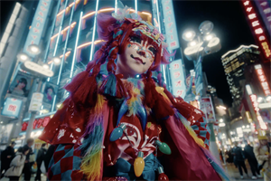 A woman in a Japanese costume and face paint in a city centre
