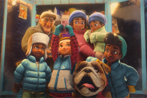An animated group of children, a woman and an elderly man in winter clothes 