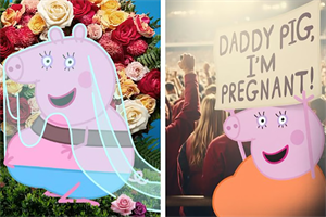 A split screen showing Mummy Pig in a veil and holding a sign saying 'Daddy Pig, I'm Pregnant!'