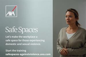A woman standing by a grey wall with the text 'AXA Safe Spaces' superimposed