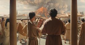 A crowd of people in Pompeii watch Mount Vesuvius erupt