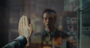 POV view of a low-poly CGI hand touching a glass window with a real person displayed in the reflection