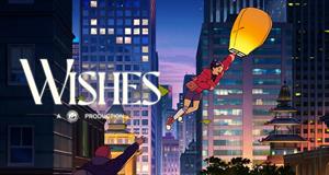Animated screen of a girl floating in a city