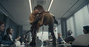 A pirate twerks on an office boardroom table 