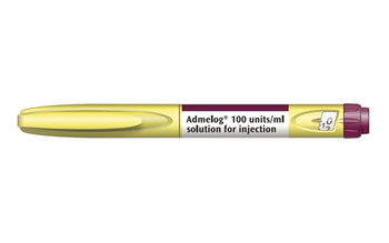 Graphic illustration of the Admelog prefilled SoloStar insulin pen, showing its pale yellow body, dosing window and the burgundy push button at the base.