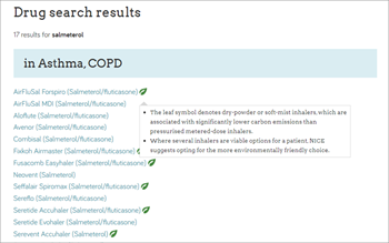 Screenshot of inhaler search results from MIMS online showing the new leaf symbol denoting lower-carbon products.