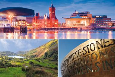 Rural and urban contrasts in Wales: Cardiff Bay (top), Snowdonia (bottom left), Wales Millennium Centre, Cardiff (right) (Photographs: Istock)