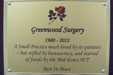 The plaque of a ‘coffin’ that was paraded through the South Woodham Ferrers Essex symbolising the demise of Greenwood Surgery