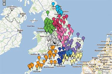 Map showing 257 clinical commissioning groups (CCGs); colour denotes NHS region