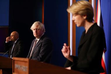 Boris Johnson, Sajid Javid and NHS chief executive Amanda Pritchard at Downing Street press conference