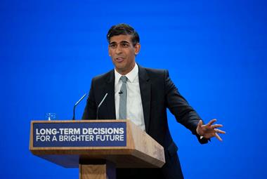Prime minister Rishi Sunak speaking at the Conservatives party conference