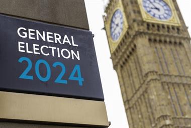 House of Parliament with sign saying 'General Election 2024'