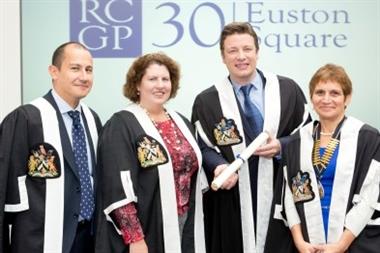 Naked Chef Jamie Oliver receives RCGP fellowship flanked by Dr Maureen Baker, RCGP chairwoman elect, and RCGP chairwoman Professor Clare Gerada