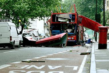London bus bomb: Number 30 bus destroyed outside BMA House in Tavistock Square (Photo: REX Shutterstock)