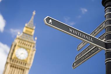 Sign for Whitehall with Big Ben in background
