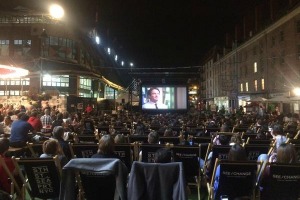 Fans of Williams watch the film at the Seaport in New York