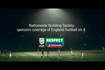 An image of a football match taking place at night, with the words 'Nationwide Building Society sponsors coverage of England football on 4'