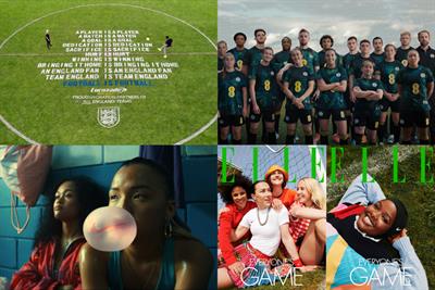 Collage of campaigns clockwise from top left Lucozade Sport, EE, Elle UK and Nike