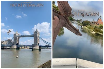 AR dragons flying around London's Tower bridge and LA's Venice Beach grand canals