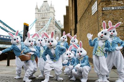 The bunnies visited iconic London locations before heading to train stations to hand out sweets
