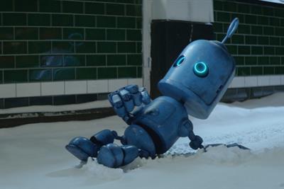 O2's robot mascot slides in the snow