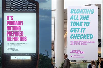 Two billboards saying 'it's probably nothing prepared me for this' and 'bloating all the time to get it checked' 