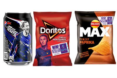 A can of Pepsi Max and packets of Doritos and Walkers Max carrying images of England footballers Lucy Bronze and Leah Williamson