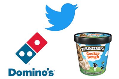 The logos of Twitter and Domino's and a tub of Ben & Jerry's ice-cream
