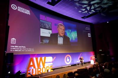 The Advertising Week Europe 2018 conference stage during an interview with Sir Martin Sorrell