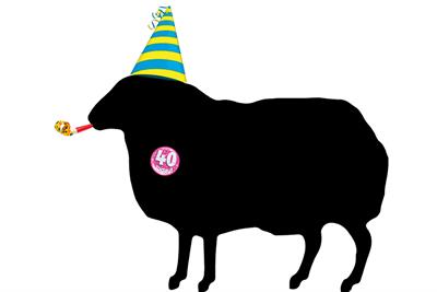 Graphic of BBH black sheep with '40' badge, party hat and party blower
