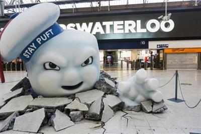 The giant Marshmallow Man crashing through the floor at Waterloo