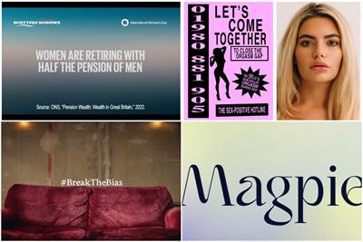 IWD (clockwise from top left): Scottish Widows by Zenith and Adam & Eve/DDB; 'Let's come together' by Wonderhood Studios; Magpie by Wunderman Thompson; and 'BreaktheBias' by Publicis Groupe UK