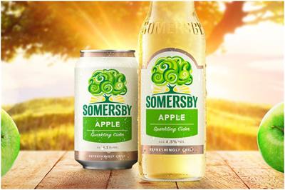 Somersby apple cider in a can and glass bottle against a sunset background 