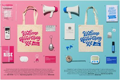 A pink female focused ad and a blue male focused ad showing a reimagined welcome to advertising kit 