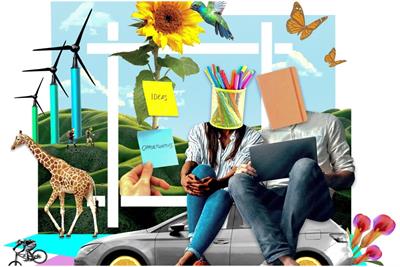 Collage of people, car, animals, bikes and wind turbines