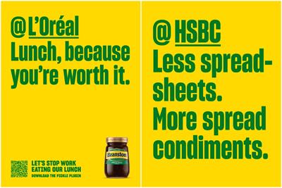 Branston Pickle digital posters with copy L'Oréal Lunch, because you’re worth it and HSBC Less spreadsheets more spread condiments