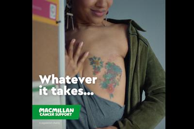 Macmillan Cancer Support ad showing woman with tattoo where her breast has been surgically removed