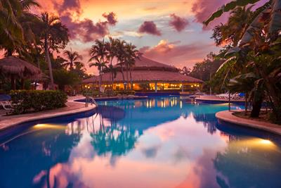 stunning Caribbean sunset on a pool surrounded of palm trees