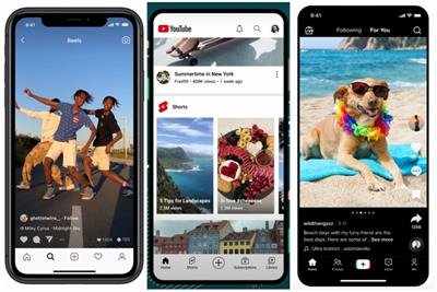 Three smart phones display Instagram, YouTube and TikTok apps