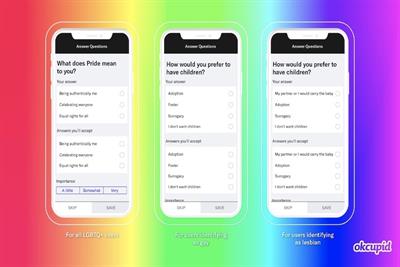 Three smart phones displaying OKCupid dating apps with LGBTQ preference options