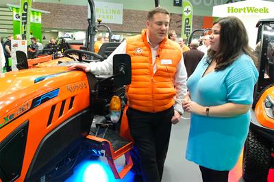 Kubota electric tractor at Saltex 2022 with Phil Catley and Rachael Forsyth