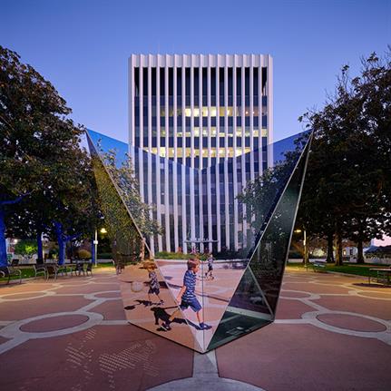 Geometrically artistic structure on view in San Francisco's King Plaza