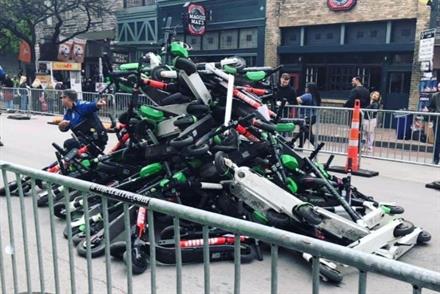 A pile of confiscated scooters after police closed several roads (Picture: @drafthouseaustin/Instagram)