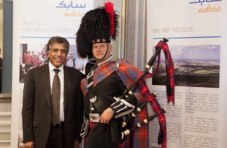 SABIC’S executive vice-president Yousef Al Zamel with piper Jim Hall before dinner at Rockliffe Hall