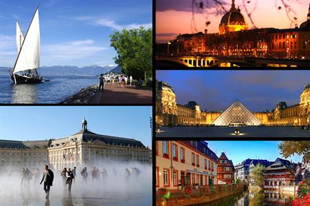 Clockwise from top left: Evian, Bordeaux, Lyon, Paris, Strasbourg