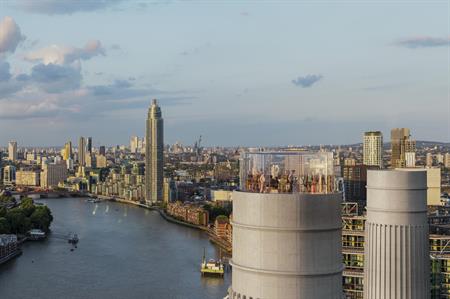 CGI of the glass tower event space at Battersea Power Station