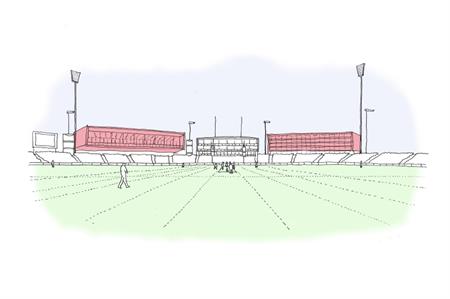 Artist’s impression of the proposed hotel alongside the Pavilion at Emirates Old Trafford