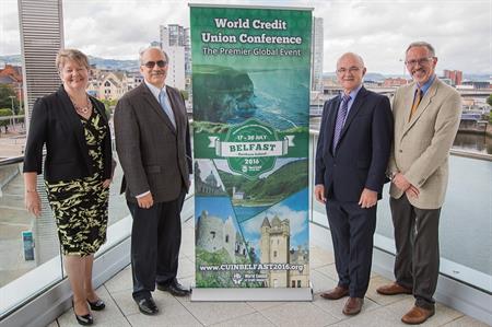 Ellvena Graham and Brian Branch, with Brian McCrory (president of the Irish League of Credit Unions) and Tim Husbands (vice chair of Visit Belfast)