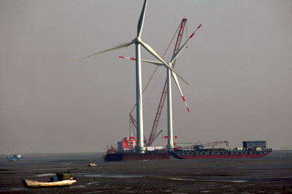 The first turbines being installed at Longyuan's offshore project at Rudong, Jiangsu-province, east China