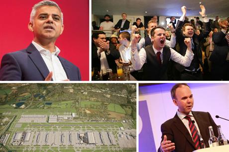 Clocwise from top left: London mayor Sadiq Khan, jubilant Brexit supporters, housing and planning minister Gavin Barwell, Heathrow airport